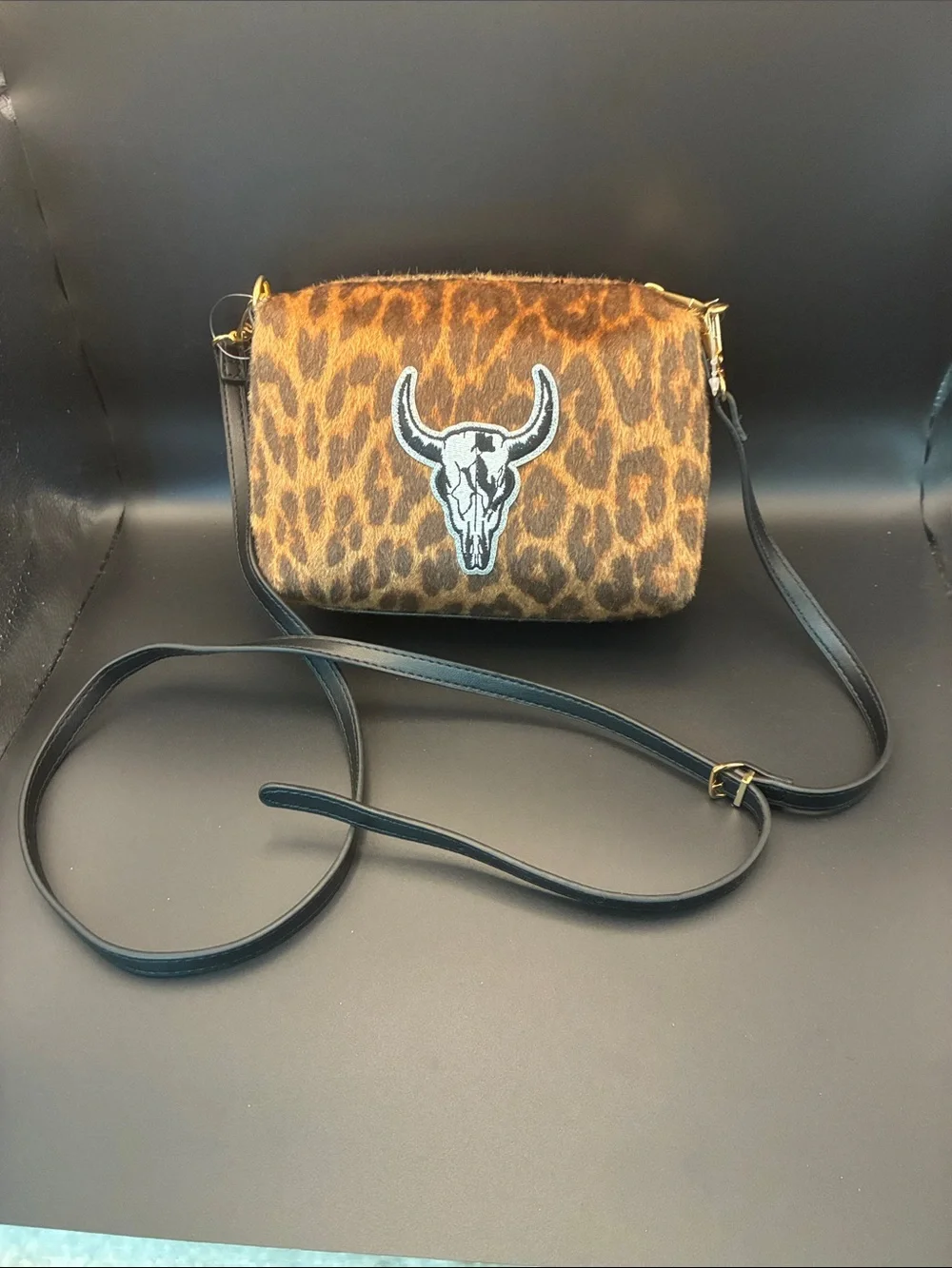 🎉Leopard Print Crossbody Bag with Bull Skull Accent - Brown